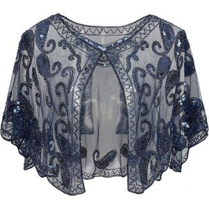 🆕 Women Blue Sequin Beaded Evening Cape Bridal Shawl Bolero Flapper Cover Up